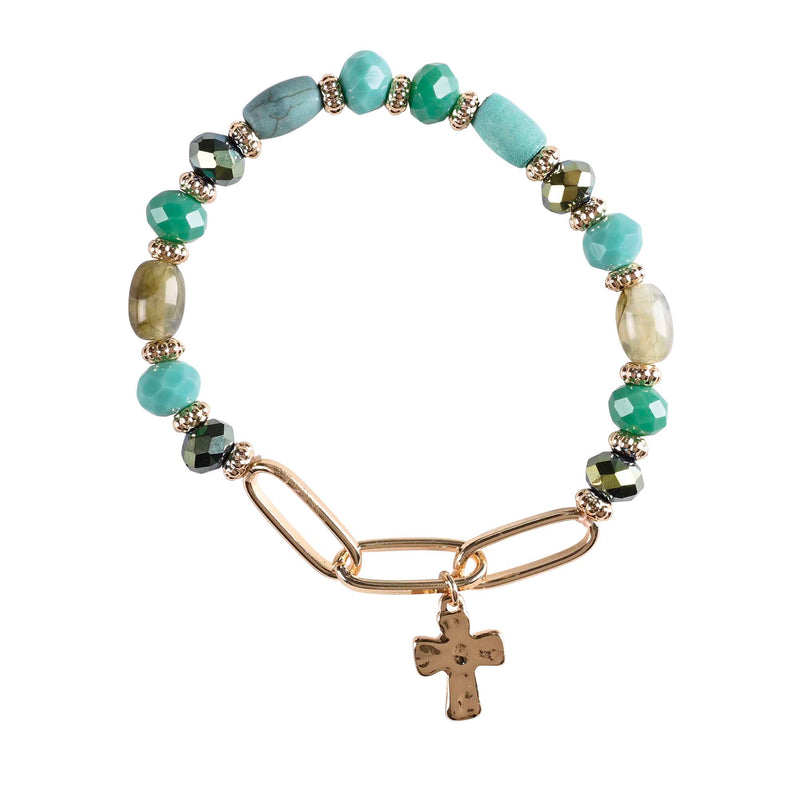 Green Mixed-Bead Stretch Bracelet with Gold-Plated Cross