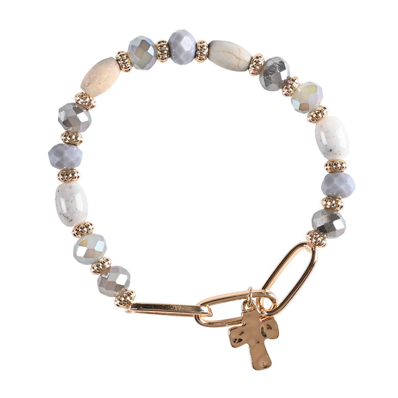 Gray Mixed-Bead Stretch Bracelet with Gold-Plated Cross