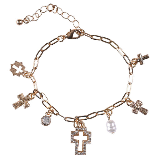 Gold-Plated Cross Charm Bracelet with Mother-of-Pearl and CZ
