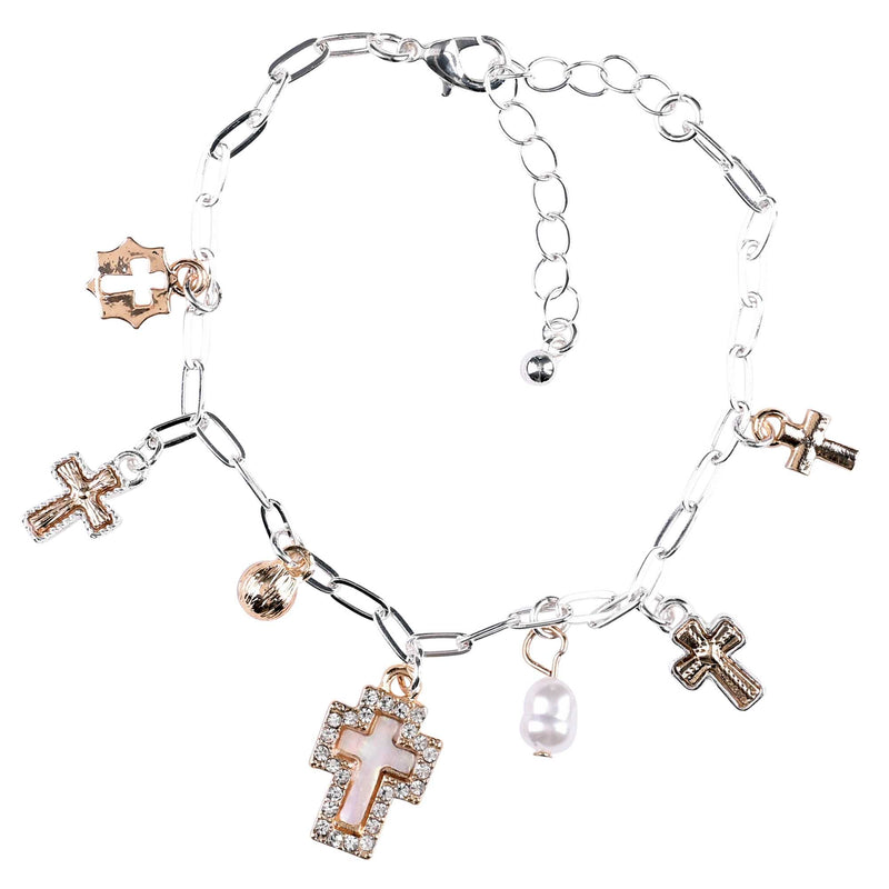 Two-Tone Cross Charm Bracelet with Mother-of-Pearl and CZ