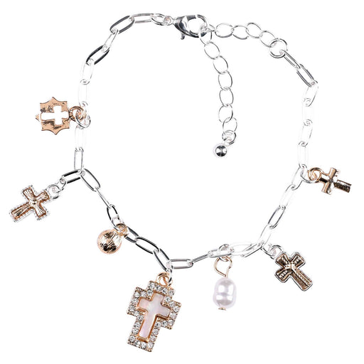 Two-Tone Cross Charm Bracelet with Mother-of-Pearl and CZ