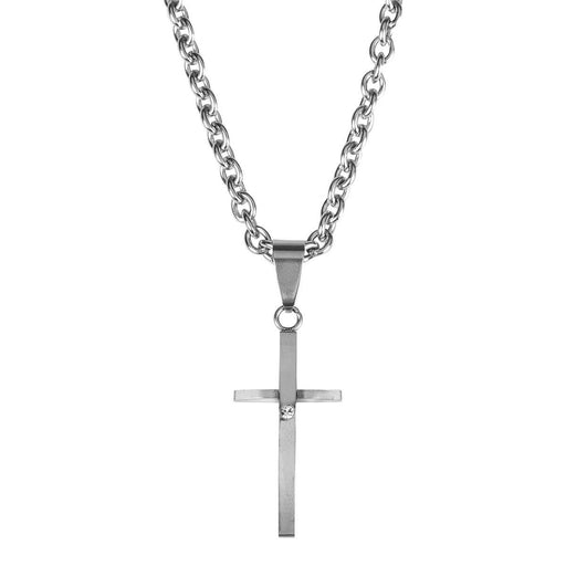 Stainless Steel Curved Cross Necklace with Clear Stone, 18″