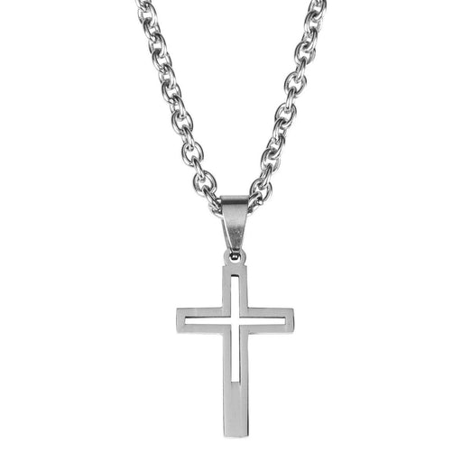 Stainless Steel Cutout Box Cross Necklace with 18″ Chain
