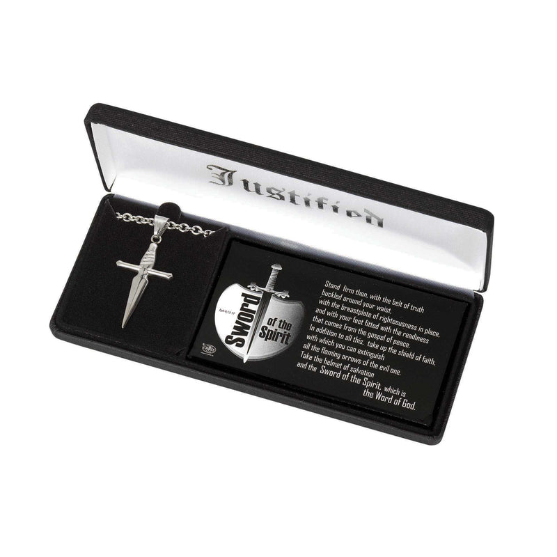 Sword of the Spirit Cross Necklace, Stainless Steel, 24″