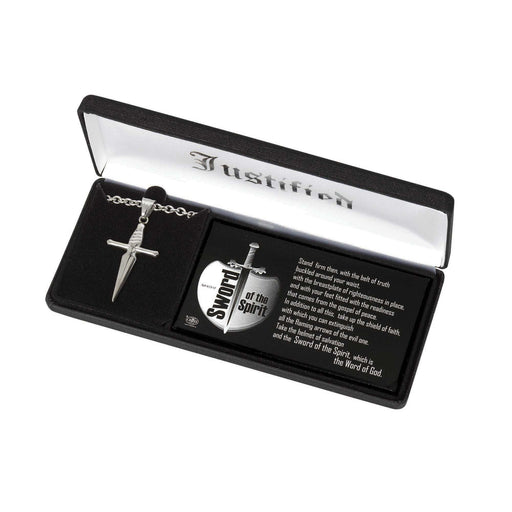 Sword of the Spirit Cross Necklace, Stainless Steel, 24″