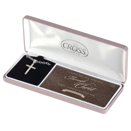 Philippians 4:13 Stainless Steel Box Cross Necklace, 24″
