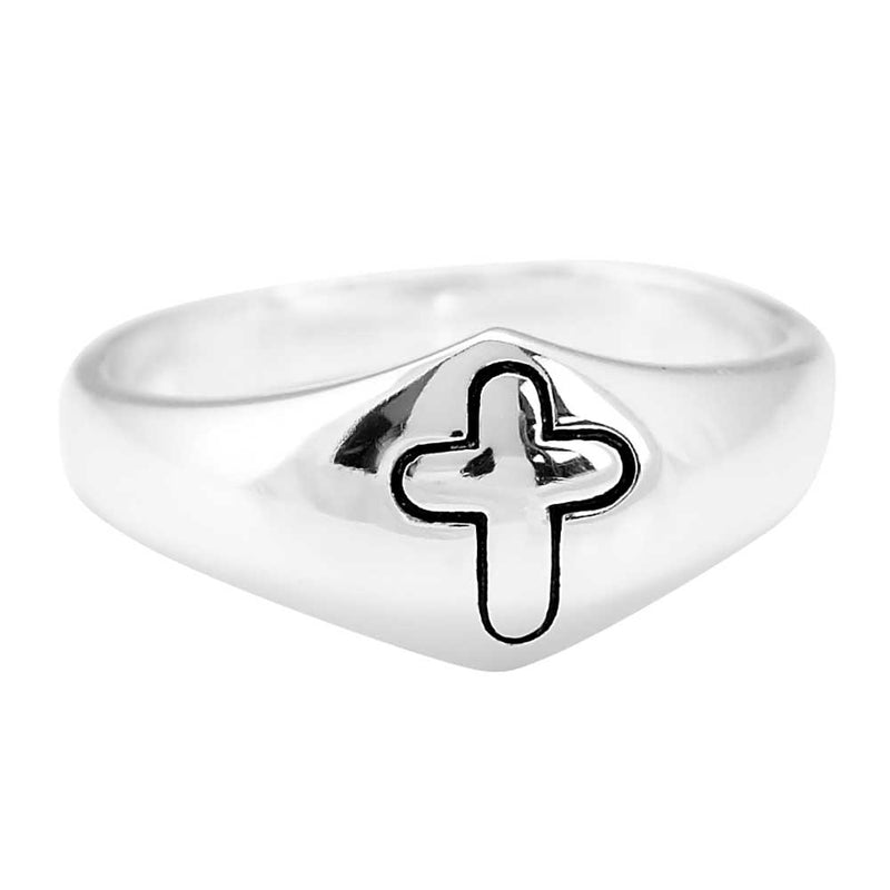 Silver-Plated Domed Engraved Cross Ring, Size 8