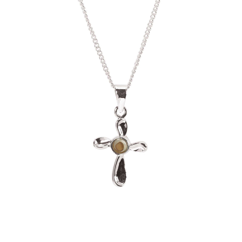 Mustard Seed Petal Cross Necklace, Silver Plated, 18″