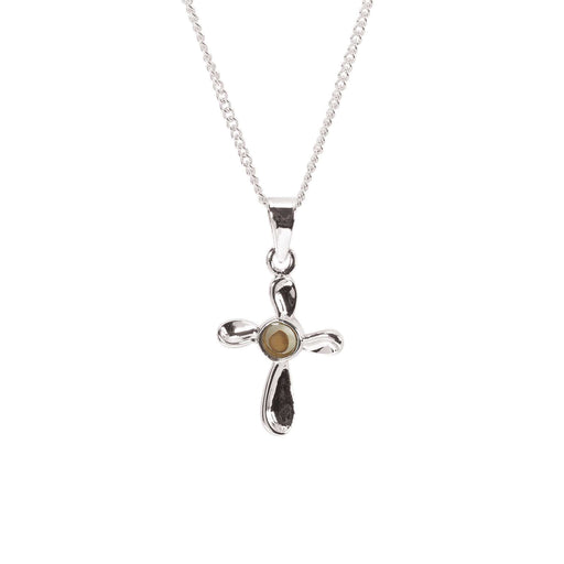 Mustard Seed Petal Cross Necklace, Silver Plated, 18″