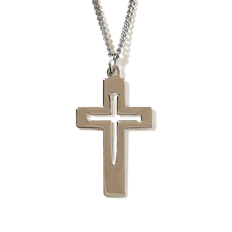 Silver-Plated Cutout Nail Cross Necklace, 24″