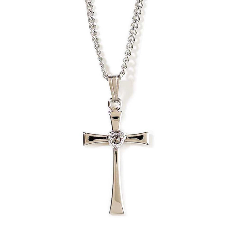 Silver-Plated Flared Cross Necklace with CZ Heart, 18″