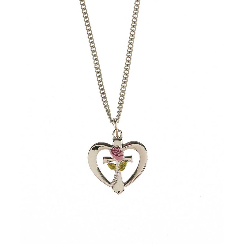 Rose Heart and Cross Necklace, Silver Plated, 18″