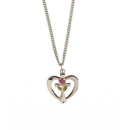 Rose Heart and Cross Necklace, Silver Plated, 18″