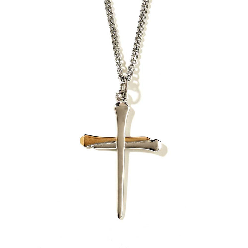Two-Tone Double Nail Cross Necklace with 24″ Rhodium-Plated Chain
