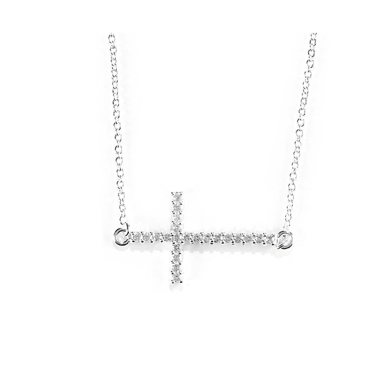 Silver-Plated Sideways CZ Cross Necklace, 18″