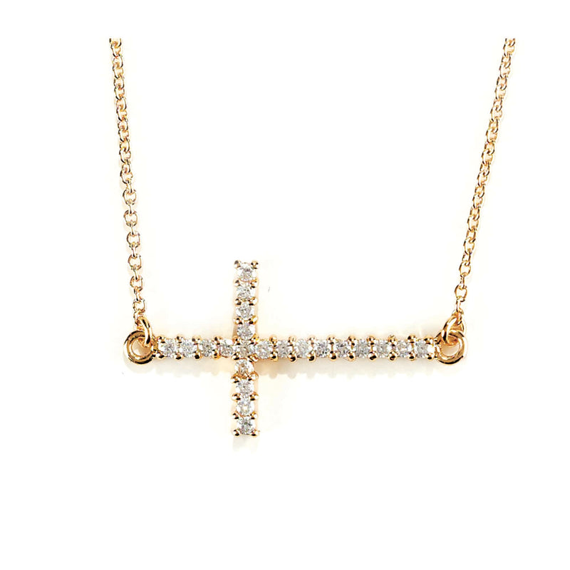 Gold-Plated Sideways CZ Cross Necklace, 18″