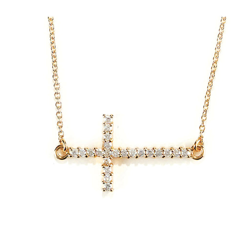 Gold-Plated Sideways CZ Cross Necklace, 18″