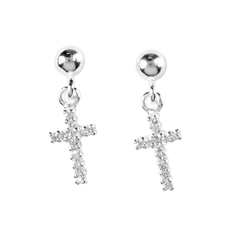 Silver-Plated CZ Cross Dangle Earrings with Sterling Posts
