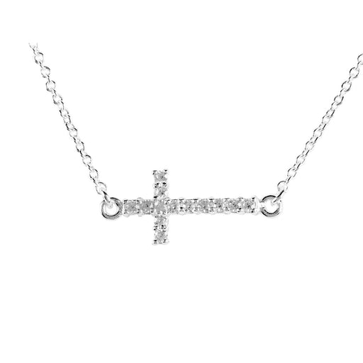 Dainty Silver-Plated Sideways Cross Necklace with CZ, 18″