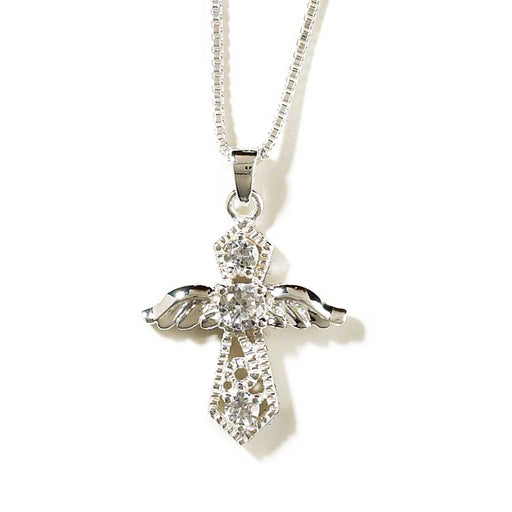 Lovely Angel Cross Necklace with CZ, Silver Plated, 18″