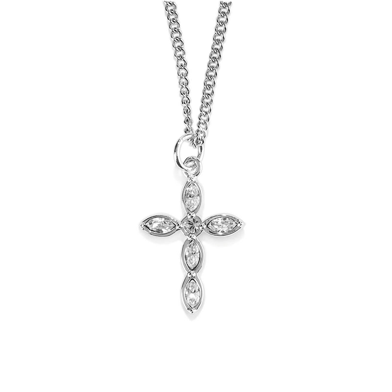 Six-Stone Cross Necklace, Silver Plated, 18″