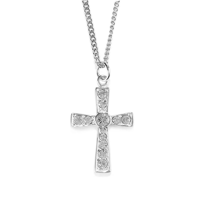 Flared CZ Cross Necklace with Oval Bail, Silver Plated, 18″