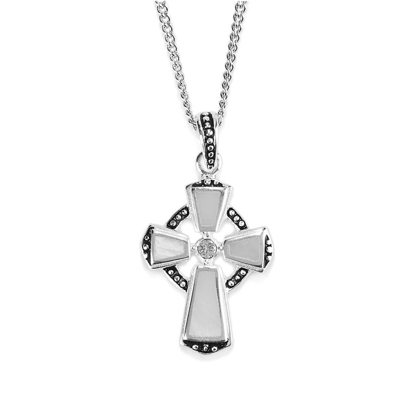Celtic Mother-of-Pearl Cross Necklace, Silver Plated, 18″