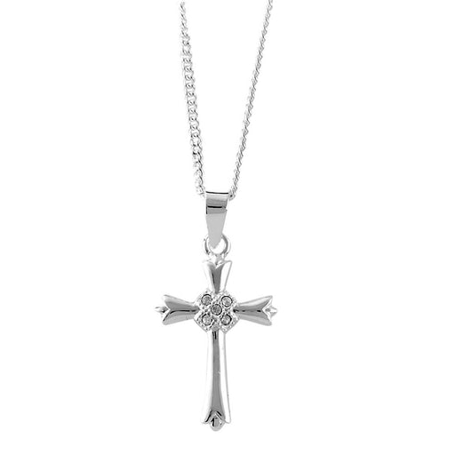 Five-Stone Flower Bud Cross Necklace, Silver Plated, 18″