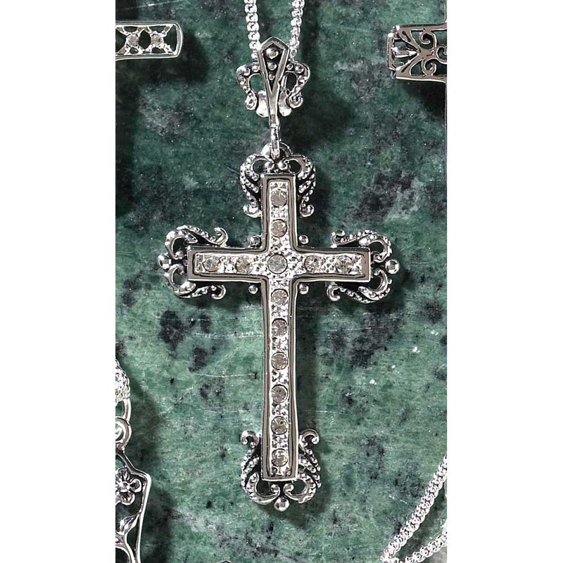 Ornate Bud Cross Necklace with Stone Accents, Silver Plated