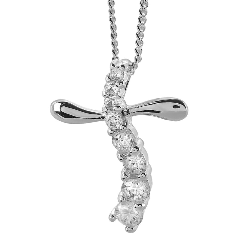 Journey Cross Necklace with Graduated CZ Stones, 18″