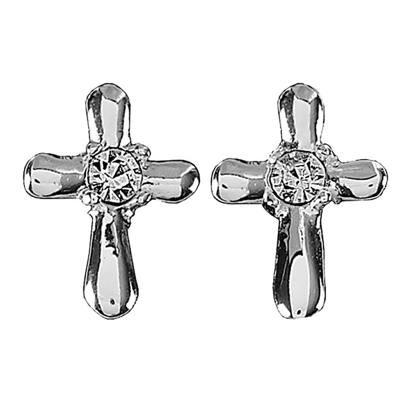 Silver-Plated Petal Cross CZ Stud Earrings with Sterling Posts