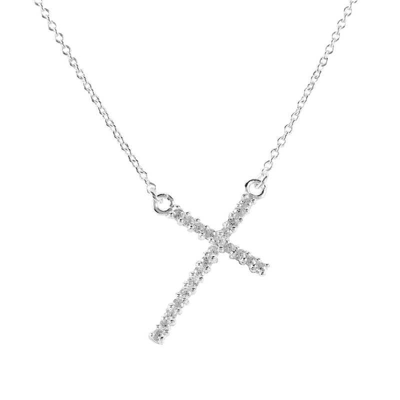 Calvary Slanted Cross Necklace with CZ, Silver Plated, 18″
