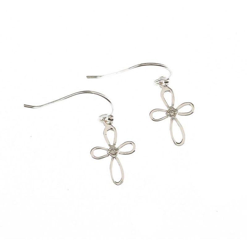 Silver-Plated Petal Cross CZ Wire Earrings