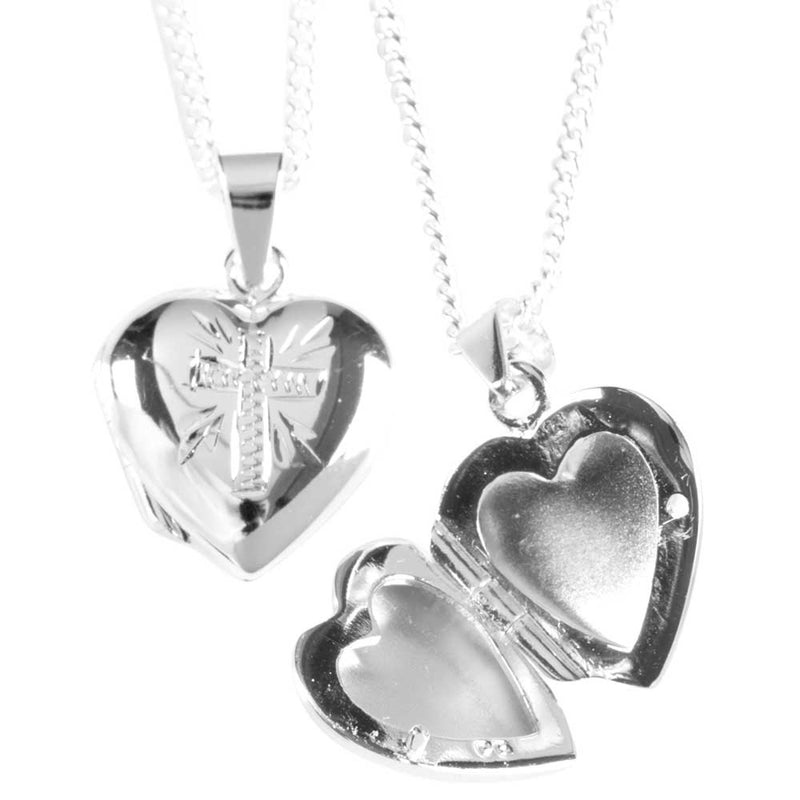 Silver-Plated Heart Locket with Cross, 18″ Chain