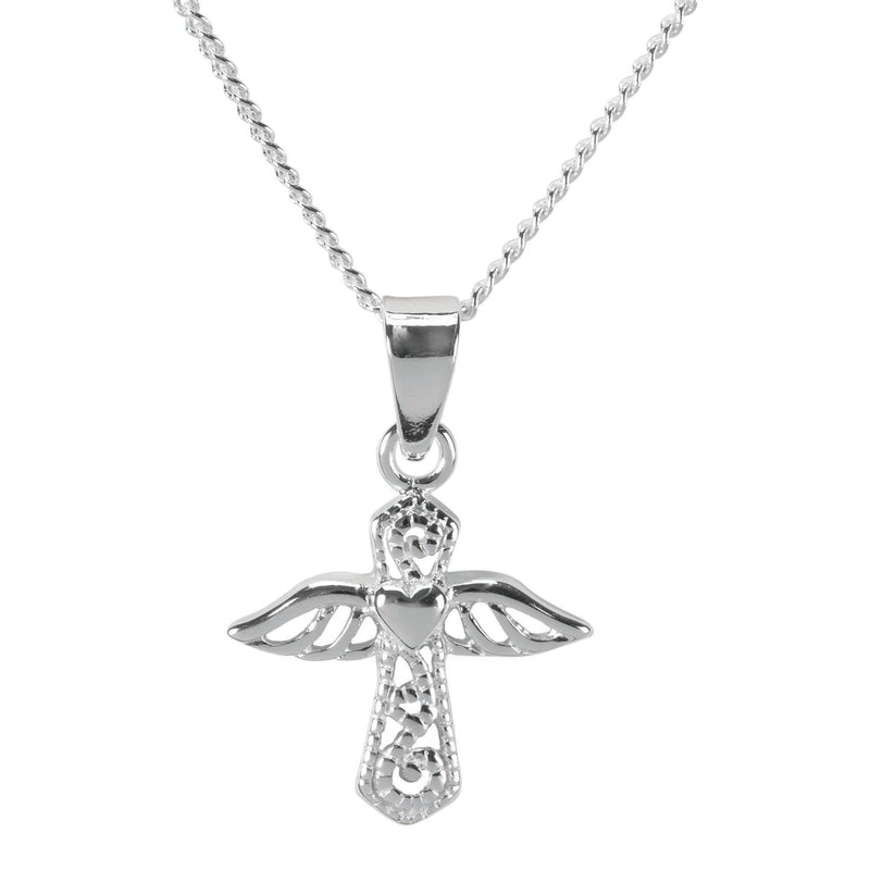 Open Angel Cross Necklace with Heart, Silver Plated, 18″