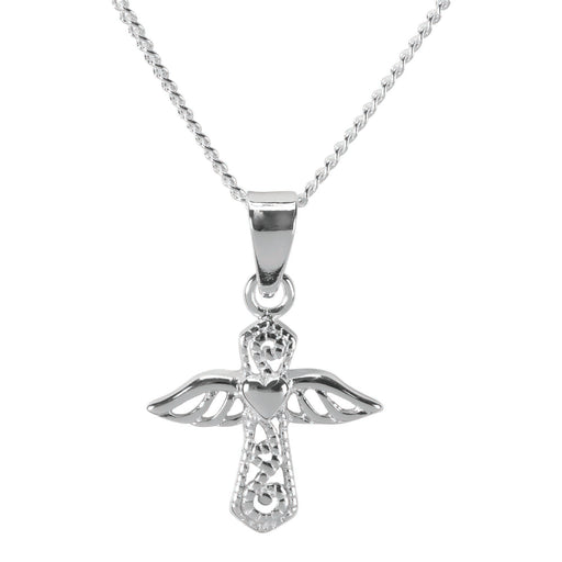Open Angel Cross Necklace with Heart, Silver Plated, 18″