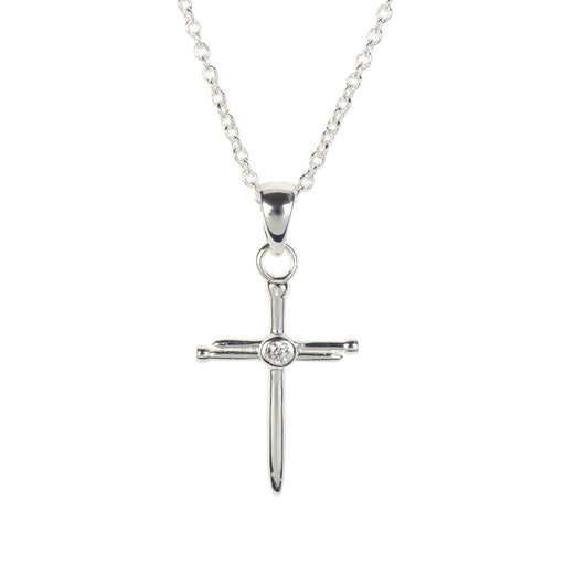 Silver-Plated Nail Cross Necklace with CZ Center, 18″