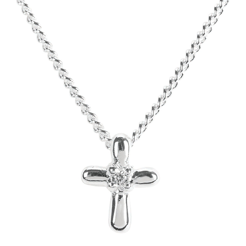 Mini Petal Cross CZ Necklace, Silver Plated, 16″