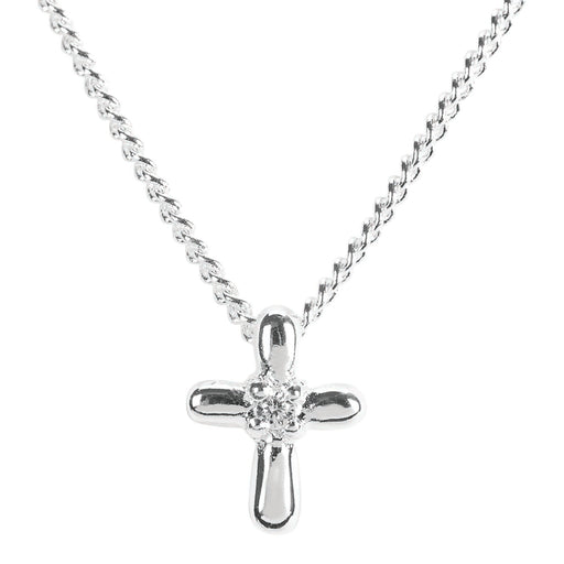 Mini Petal Cross CZ Necklace, Silver Plated, 16″