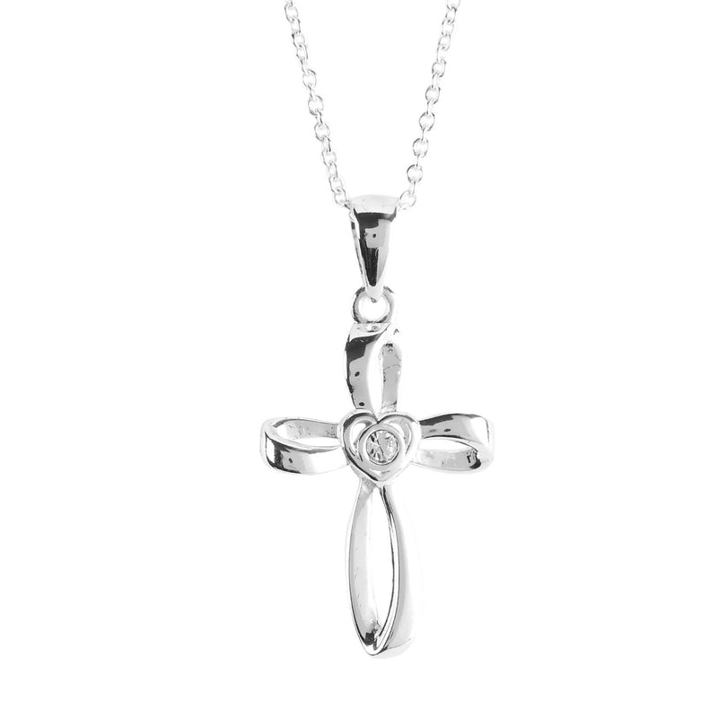 Silver-Plated Ribbon Cross Necklace with Clear Crystal, 18″