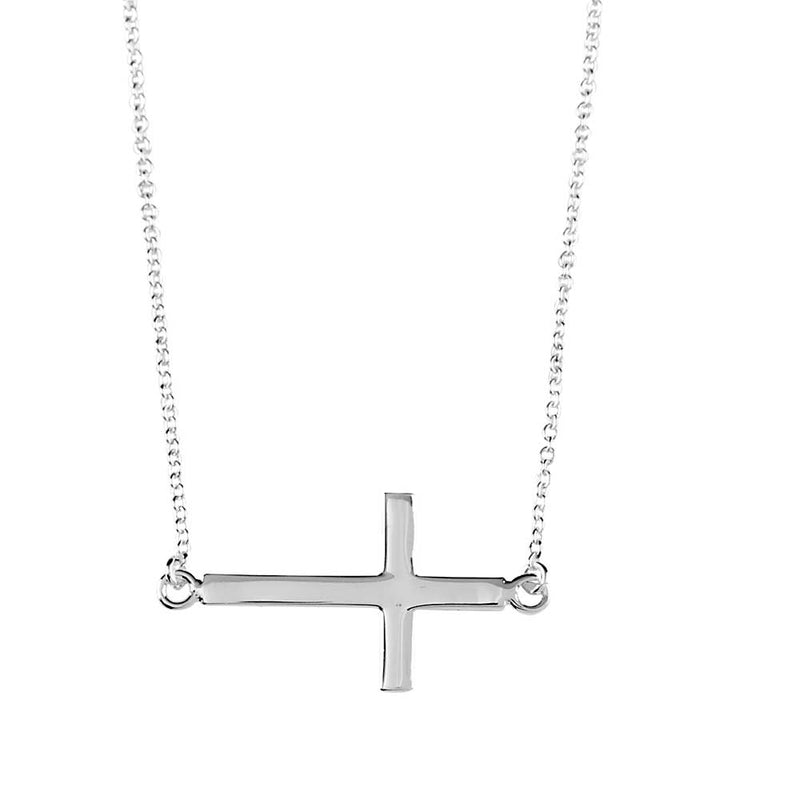 Simple Sideways Cross Necklace, Silver Plated, 18″