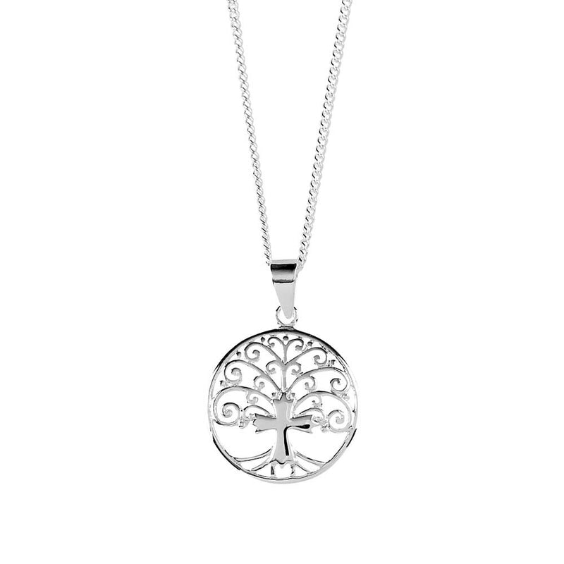 Tree of Life and Cross Necklace, Silver Plated, 18″