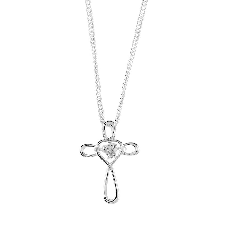 Open Petal Cross Necklace with Heart-Shaped CZ, 18″