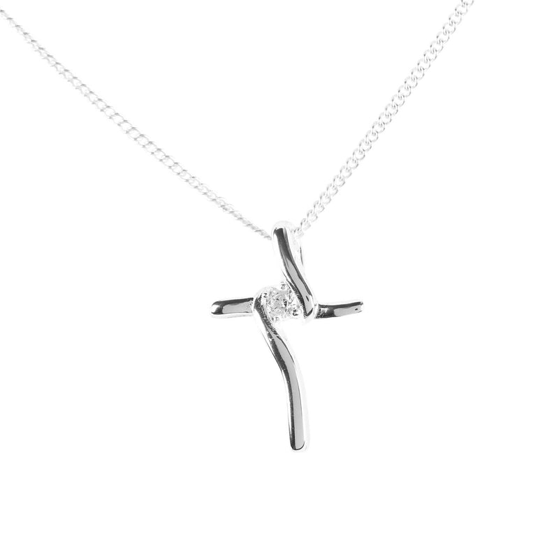Curved Cross Necklace with 3 mm CZ, Silver Plated, 18″