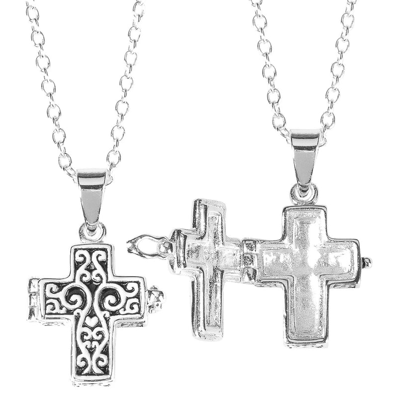 Silver-Plated Cross Prayer Box Necklace, 18″