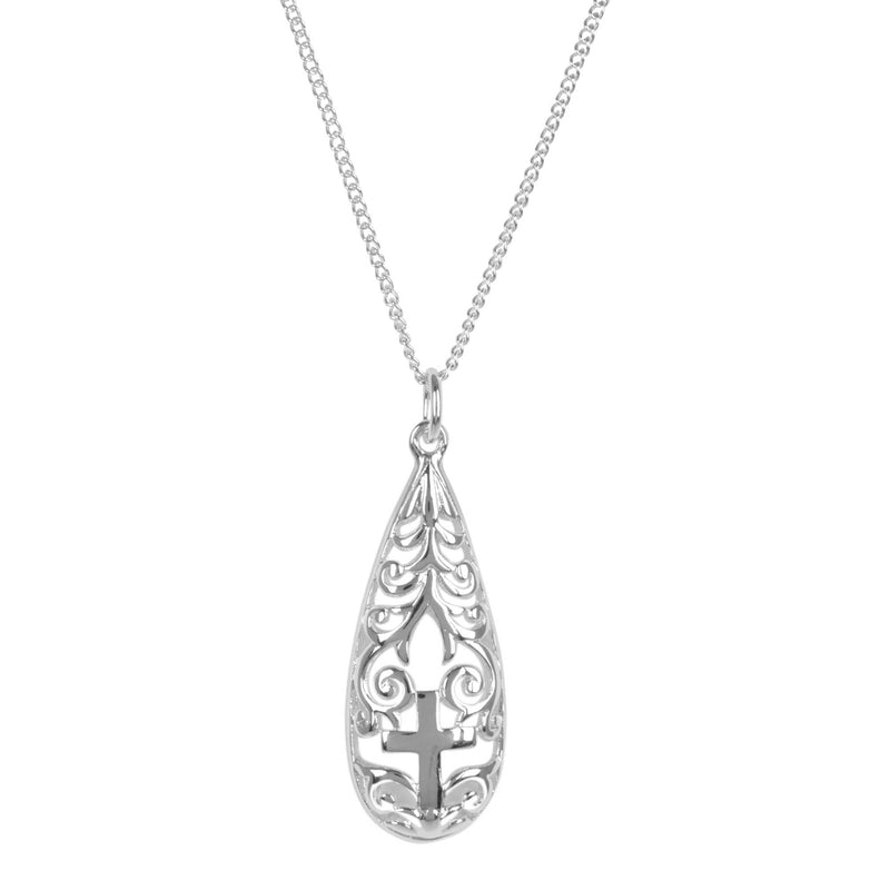 Teardrops from Heaven Scrollwork Cross Necklace, 20″