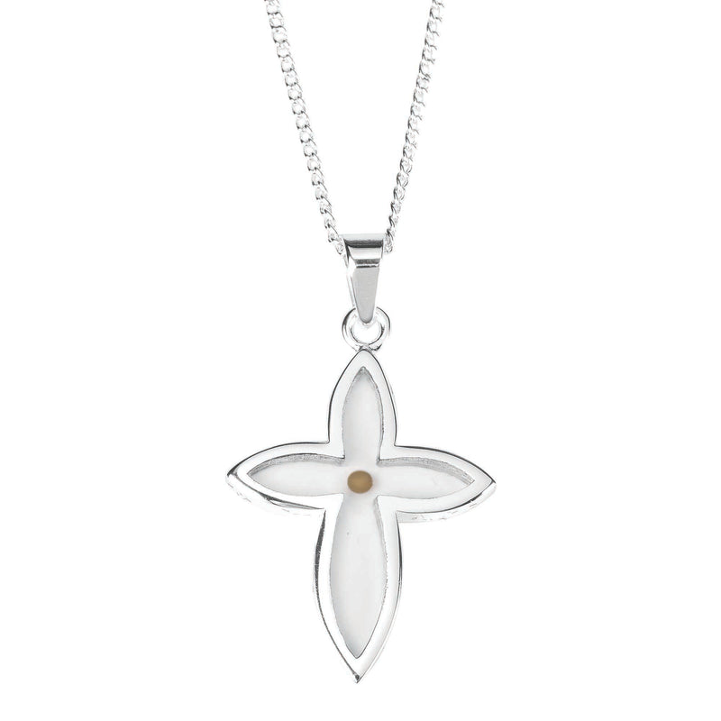 Mustard Seed Petal Cross Necklace, Silver Plated, 20″