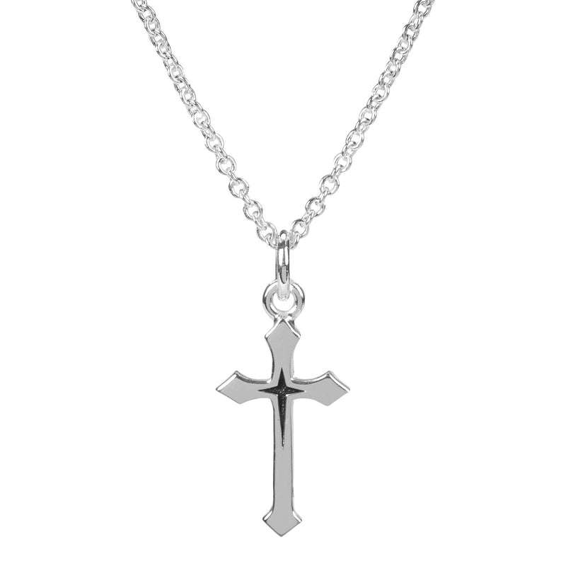 Petite Cross with Engraved Star Cross, Silver Plated, 18″