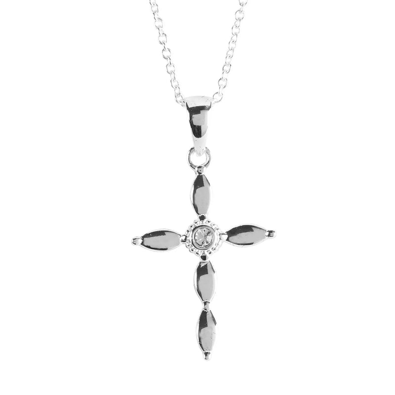 Petal Cross Necklace with Crystal, Silver Plated, 18″