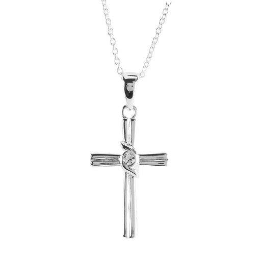 Box Cross Necklace with Crystal, Silver Plated, 18″